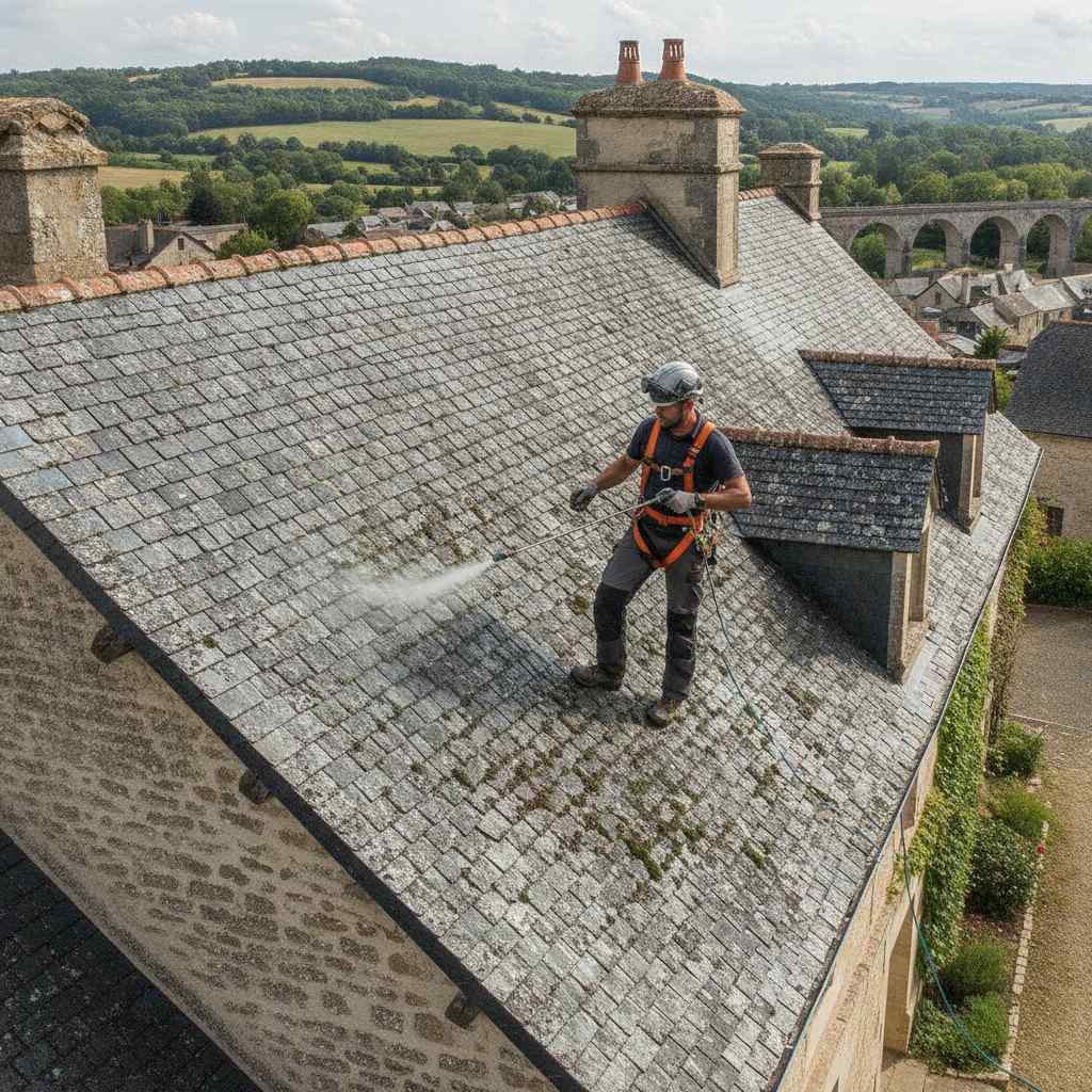 Application d un produit demoussage toiture au pulverisateur basse pression