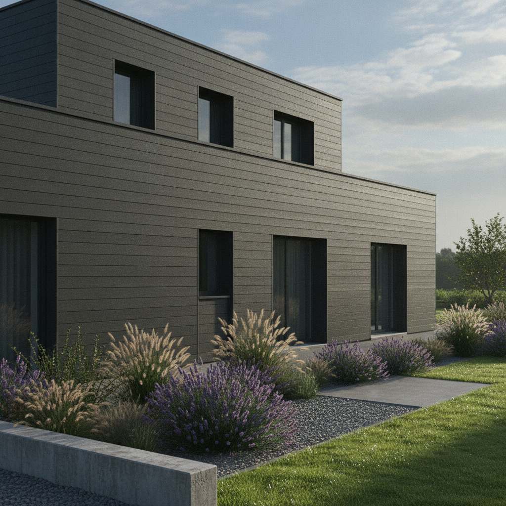 Bardage composite gris anthracite sur façade de maison moderne