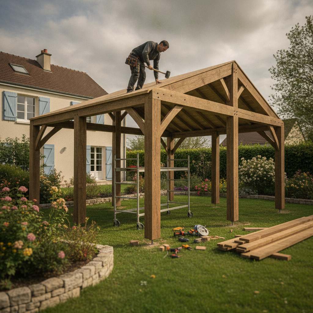 Installation d'un carport en bois double par un artisan