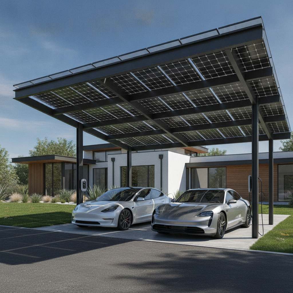 Carport avec panneaux solaires photovoltaïques sur le toit