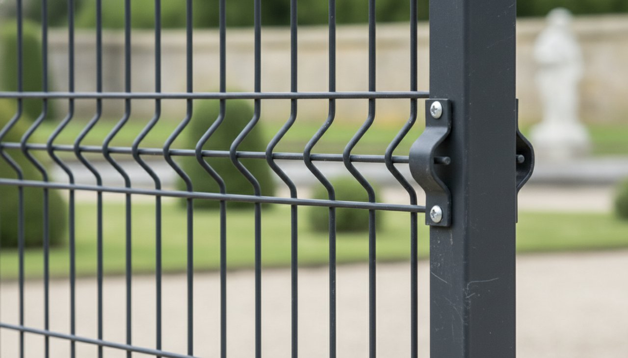 Gros plan sur les fils soudés et clips de fixation d'un panneau de clôture rigide