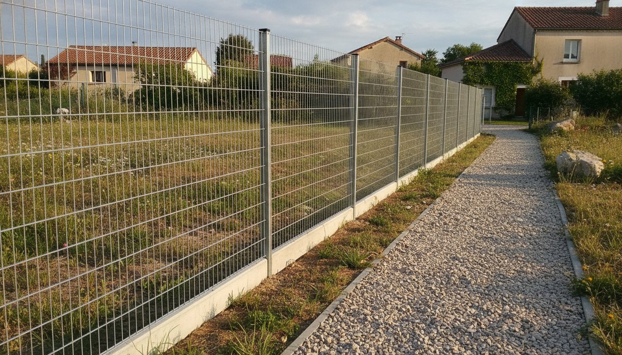 Clôture rigide avec plaques de soubassement béton sur terrain en légère pente