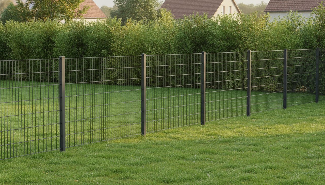 Clôture rigide anthracite le long d'un jardin résidentiel