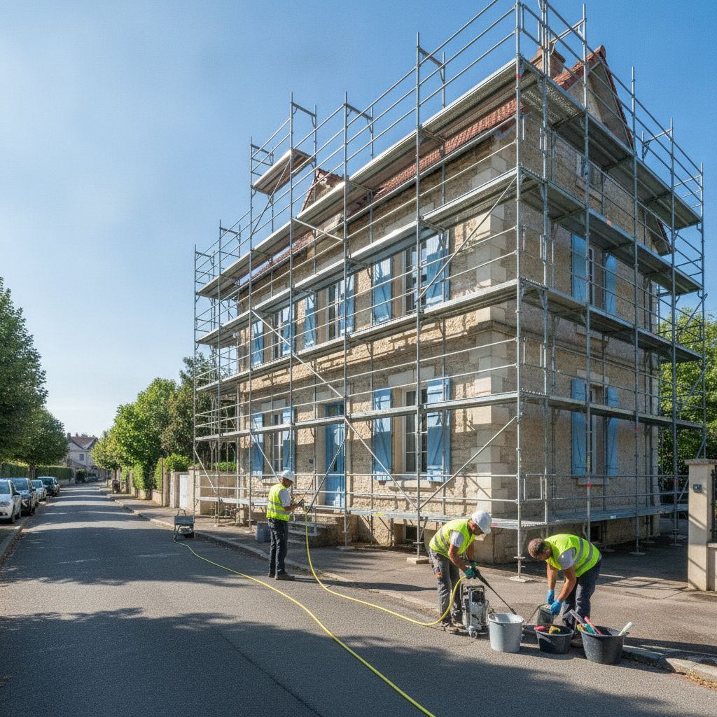 Échafaudage installé pour le nettoyage d'une façade de maison