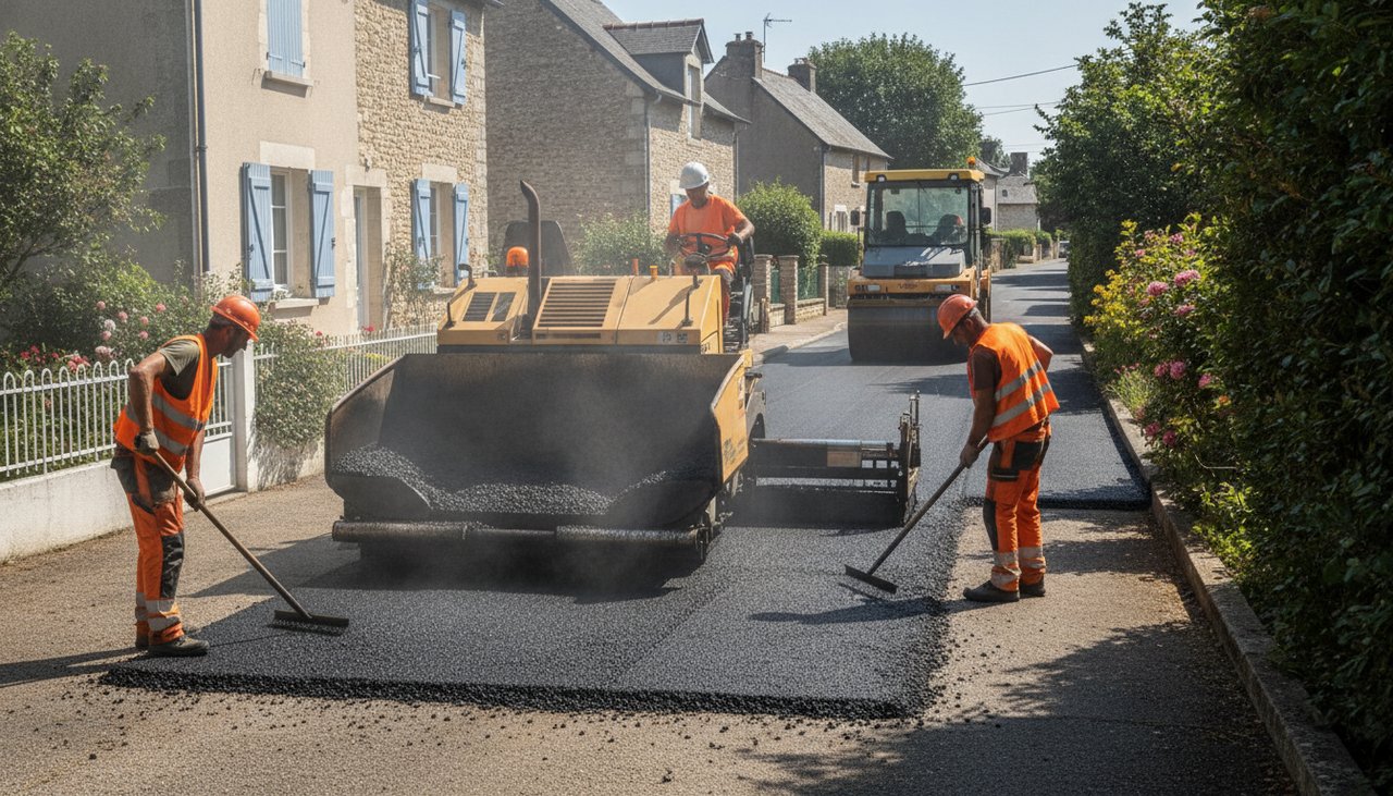Pose d un enrobe a chaud au finisseur sur une allee residentielle
