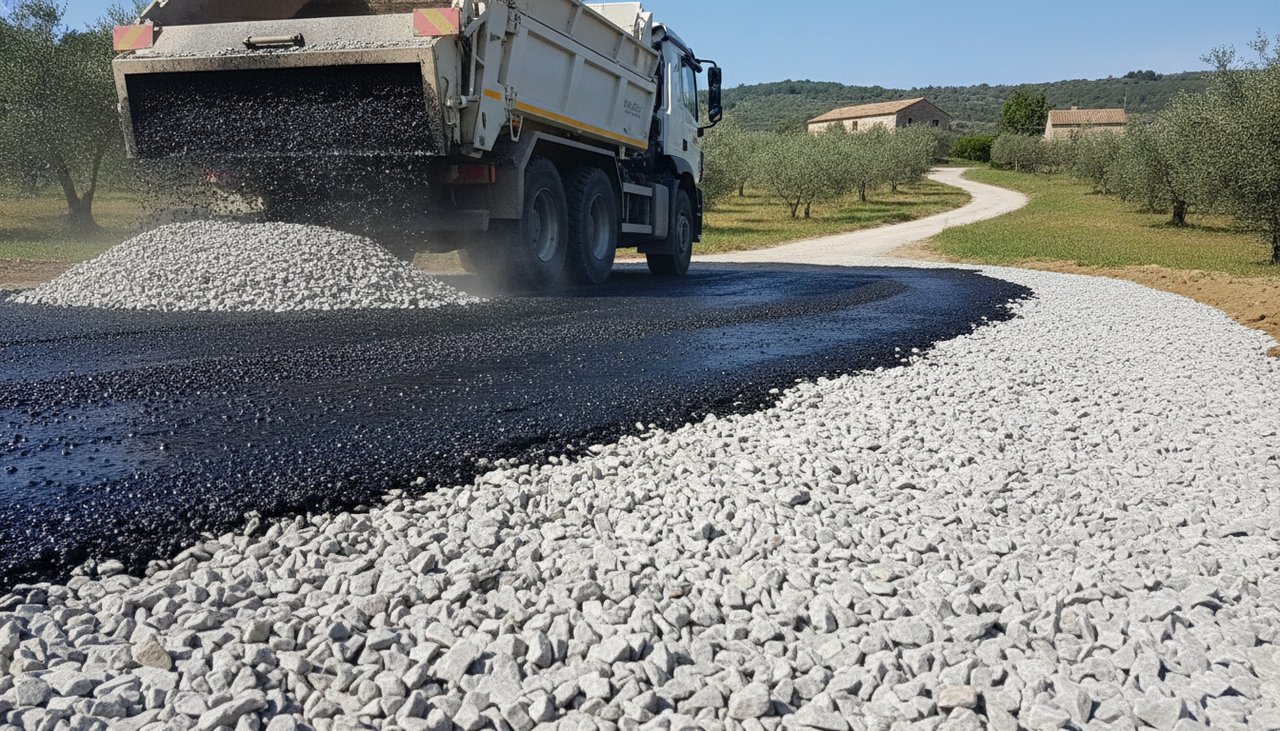 Epandage des gravillons lors de la realisation d un enduit bicouche