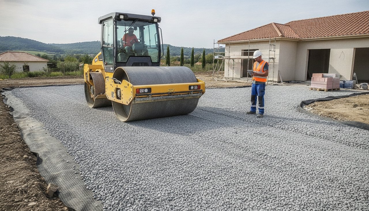 Compactage d une grave concassee avant la pose du revetement d une allee