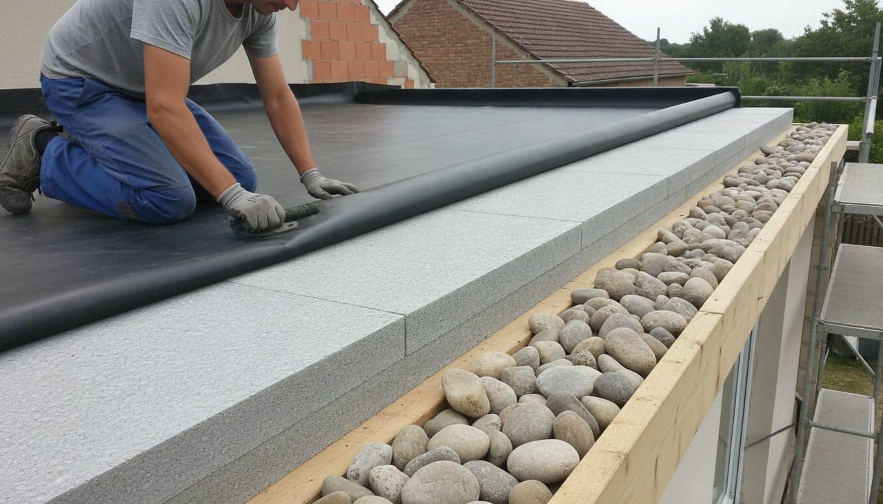 Pose d'une membrane d'étanchéité EPDM sur le toit plat d'une extension de maison