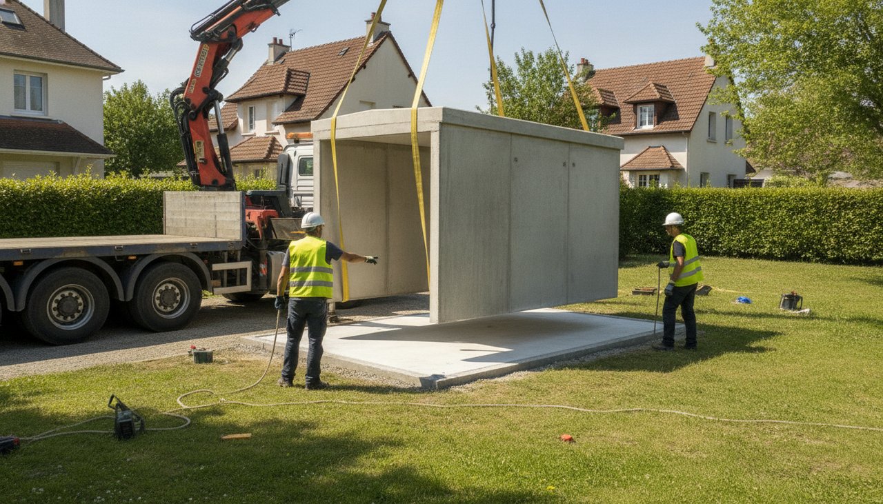 Module de garage préfabriqué en béton déposé à la grue sur une dalle dans un jardin