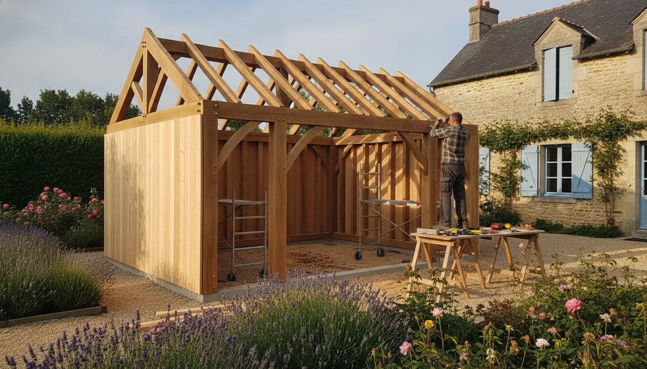 Charpentier assemblant un panneau de mur d'un garage en ossature bois avec bardage vertical