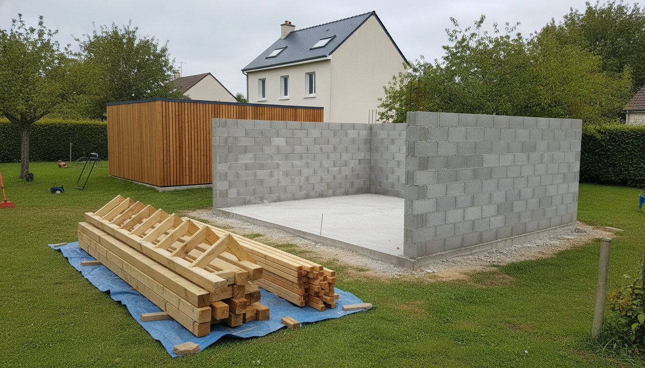 Garage en parpaing en construction à côté d'un garage en ossature bois