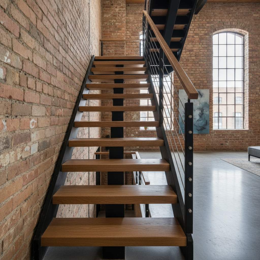 Garde-corps à câbles inox tendus sur escalier en chêne style loft