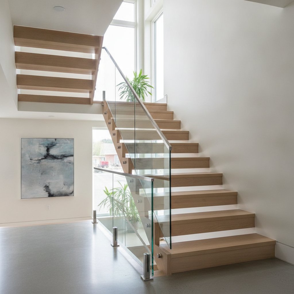 Garde-corps escalier intérieur en verre trempé et acier inoxydable