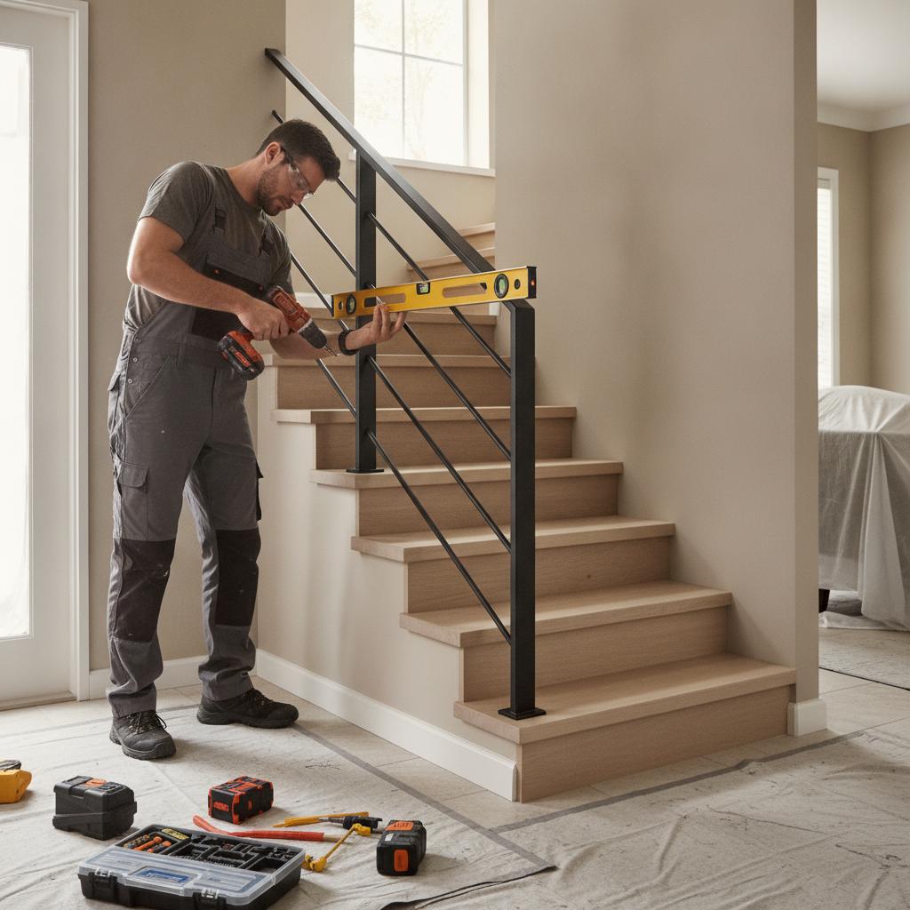 Artisan posant un garde-corps métallique sur un escalier intérieur
