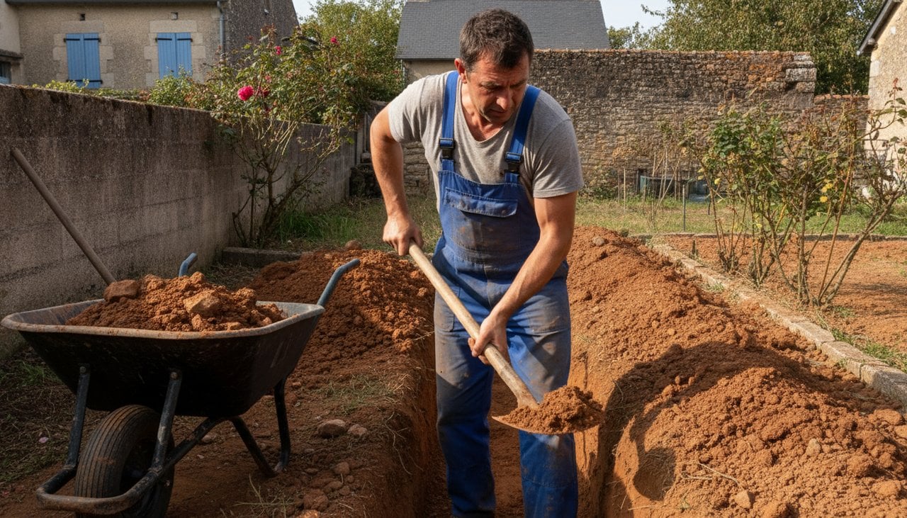 Homme creusant une tranchée à la pelle dans un jardin avec une brouette remplie de terre