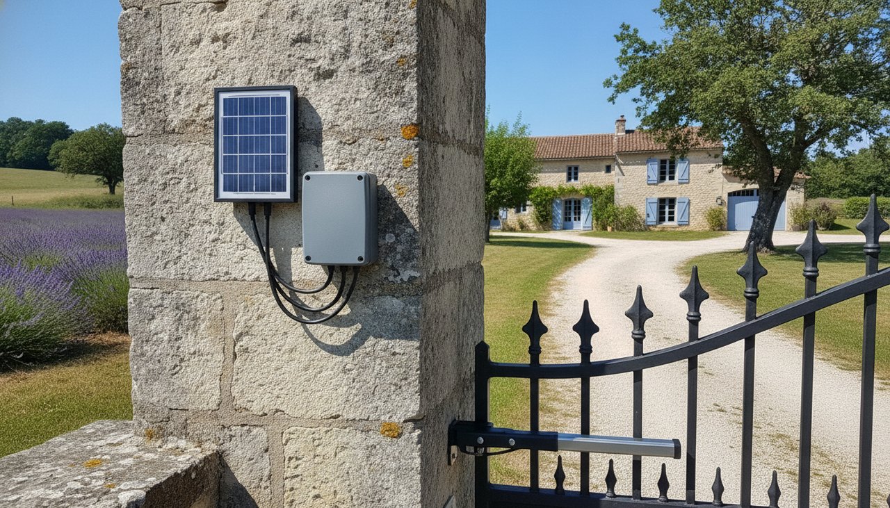 Panneau solaire alimentant la motorisation d'un portail battant