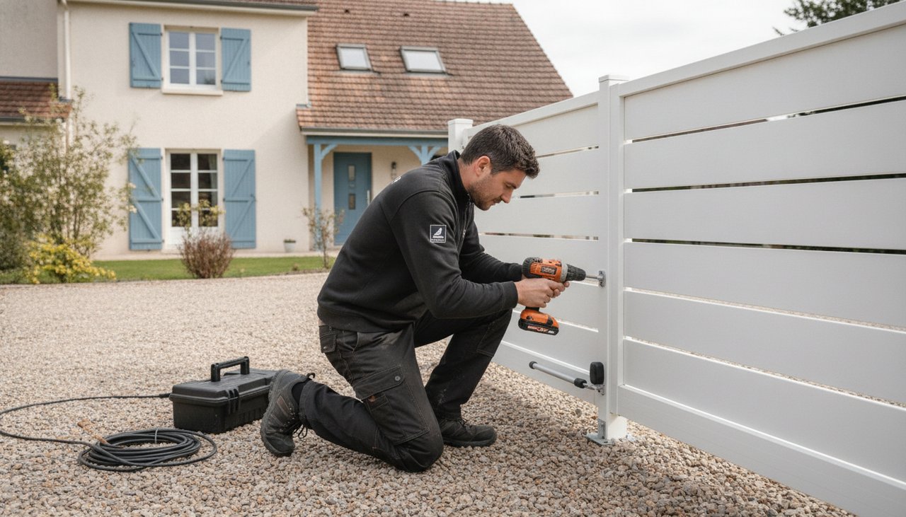 Installateur posant la motorisation sur un portail battant en aluminium