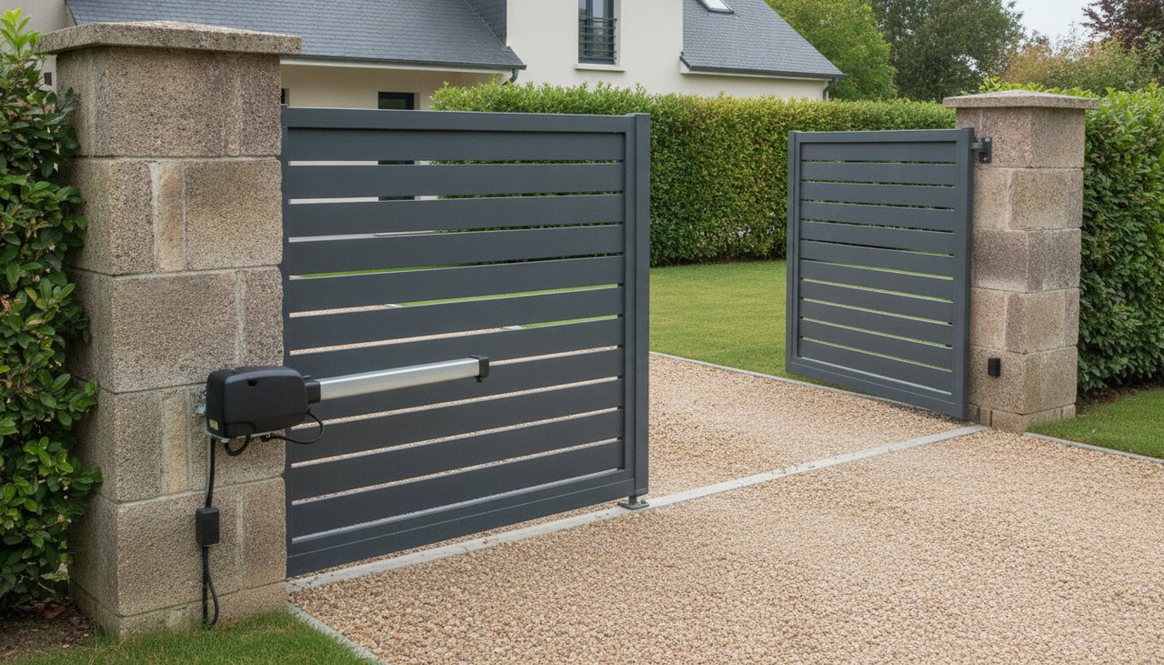 Motorisation de portail battant installee sur un portail aluminium