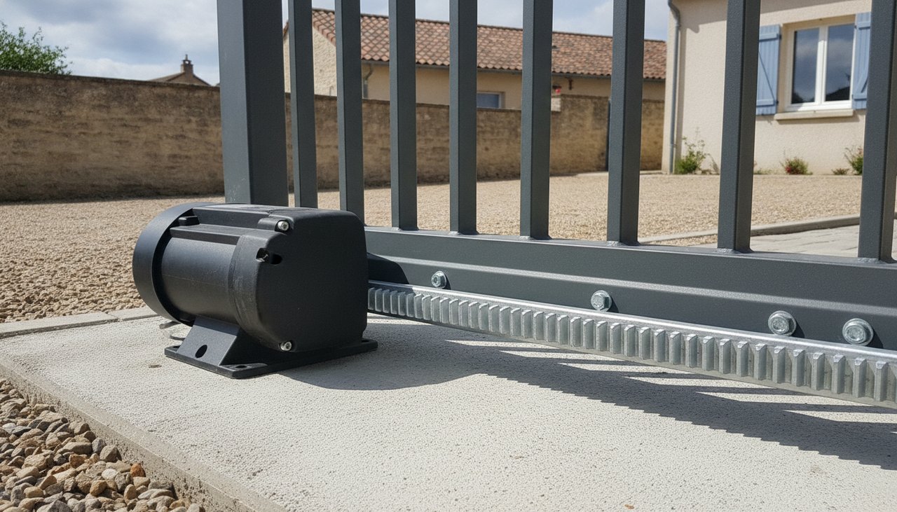 Moteur de portail coulissant et crémaillère en acier galvanisé fixée sur un portail aluminium