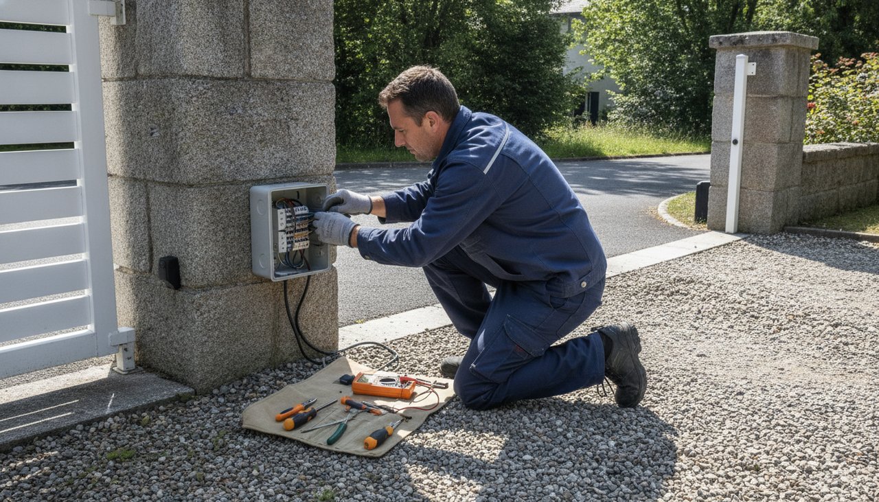 Installateur professionnel câblant le boîtier de commande d'une motorisation de portail
