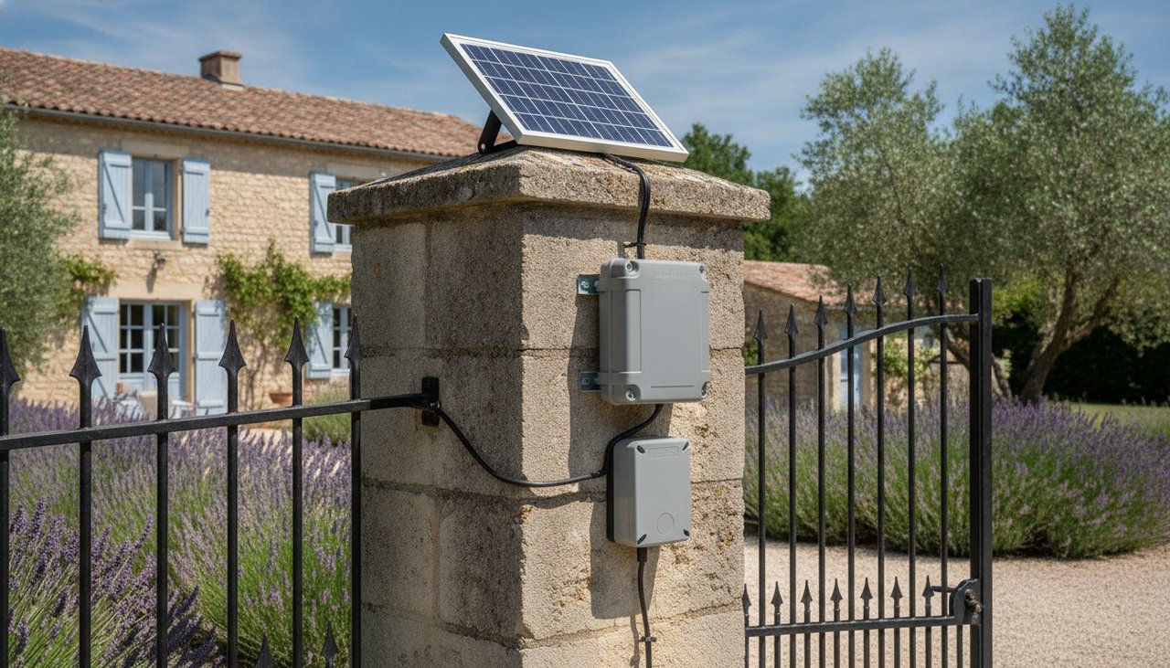 Kit solaire avec panneau et batterie alimentant une motorisation de portail