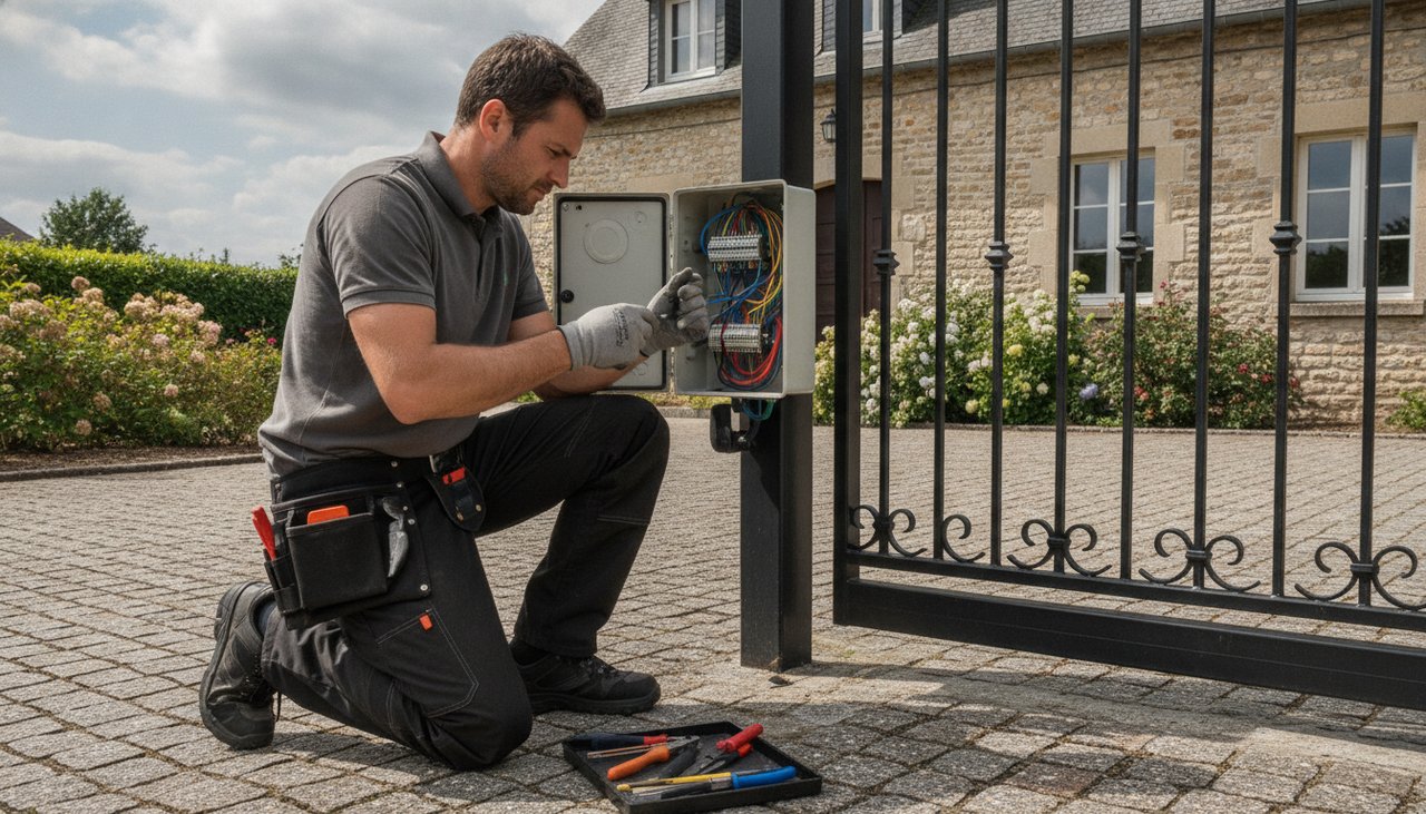 Installateur professionnel raccordant le boîtier de commande d'une motorisation de portail