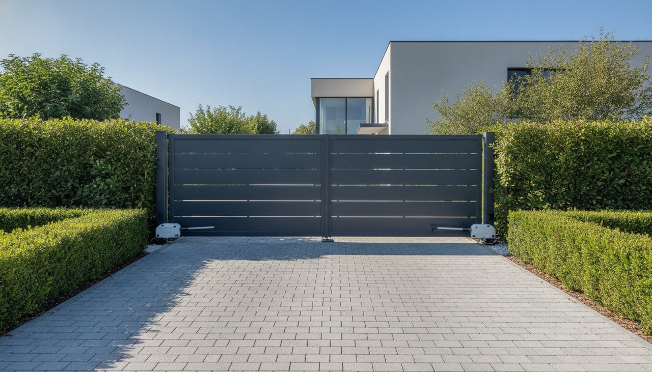 Portail battant aluminium motorisé avec bras articulés type Somfy devant une maison française