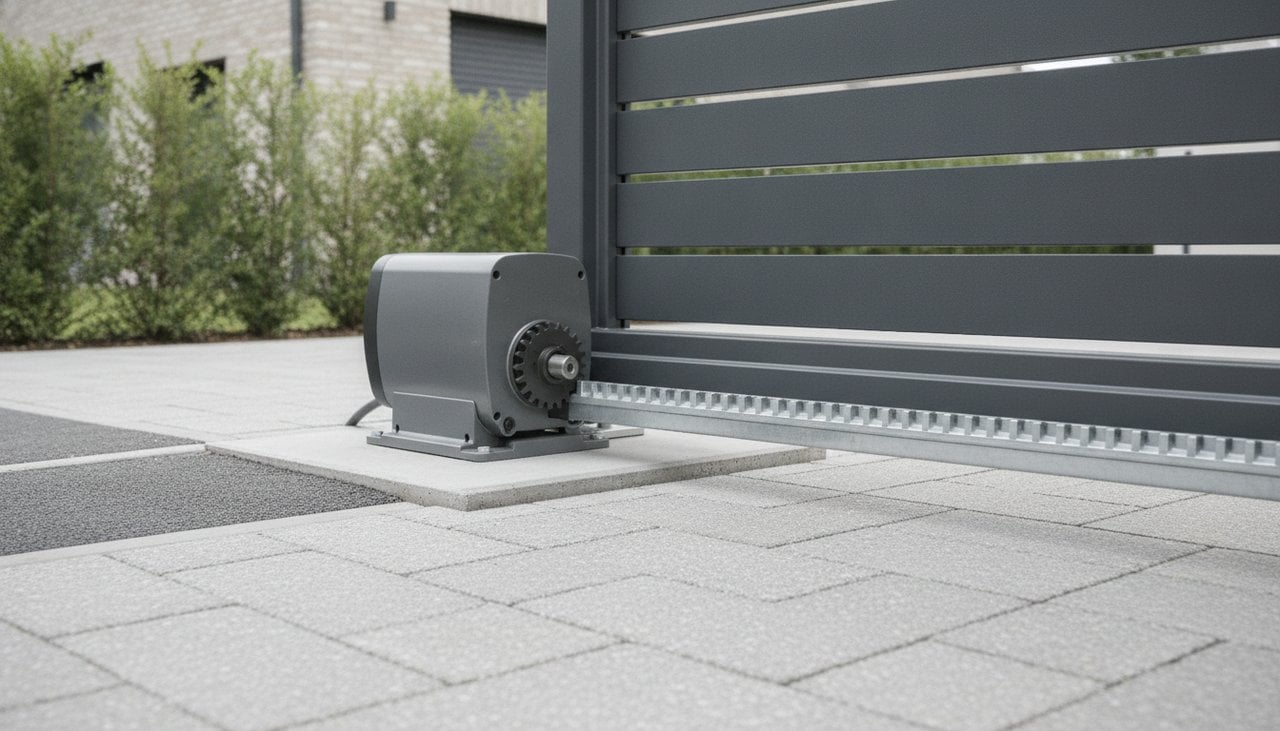 Moteur de portail coulissant à crémaillère installé sur son socle béton le long d'un portail aluminium