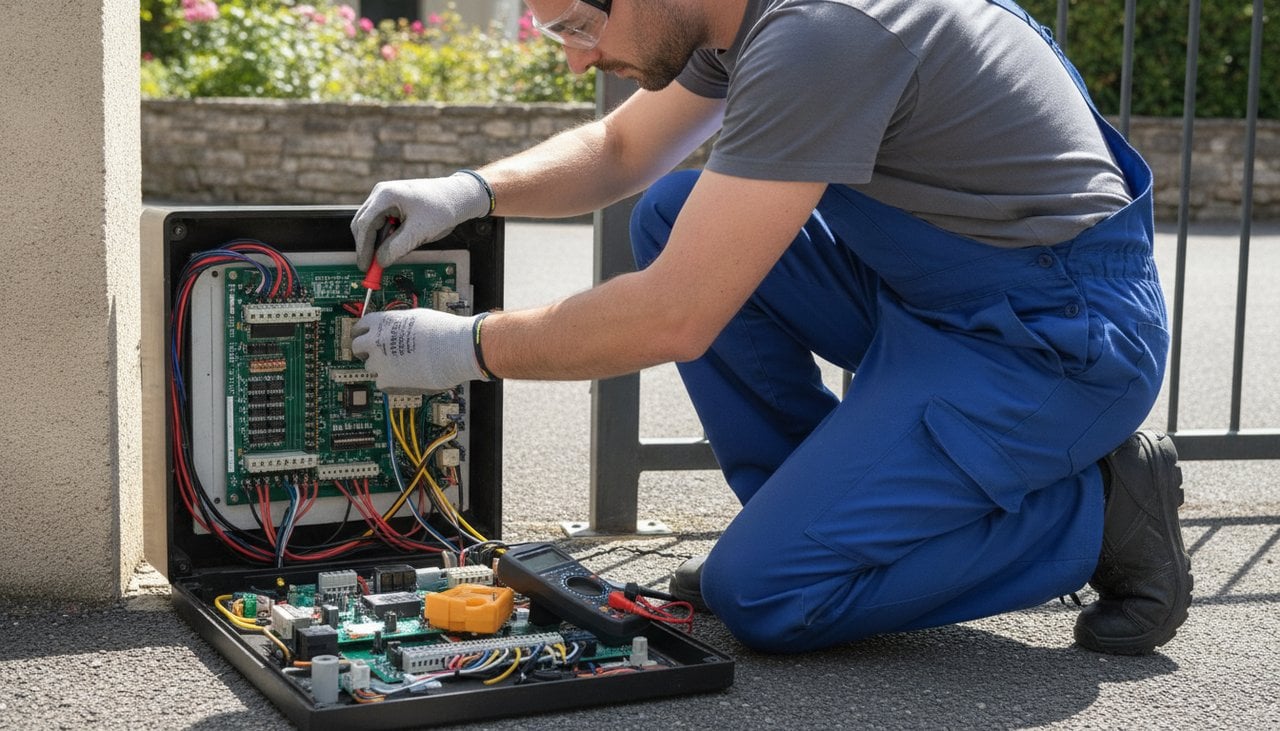 Technicien raccordant la carte électronique d'une motorisation de portail lors de l'installation