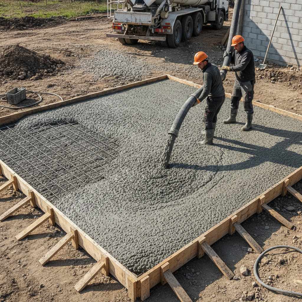 Coulage d'une dalle béton de garage de 50m2 par des maçons