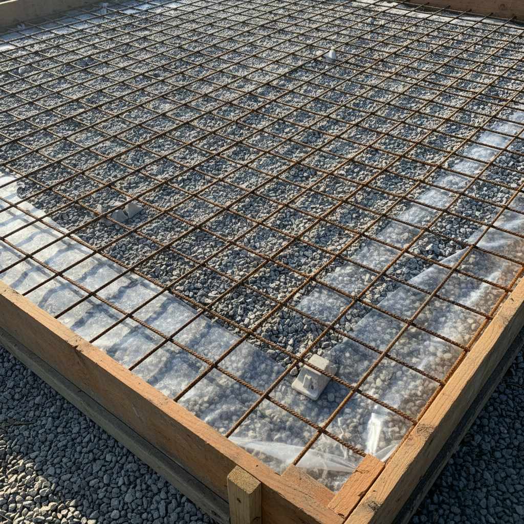 Ferraillage treillis soudé avant coulage dalle béton garage