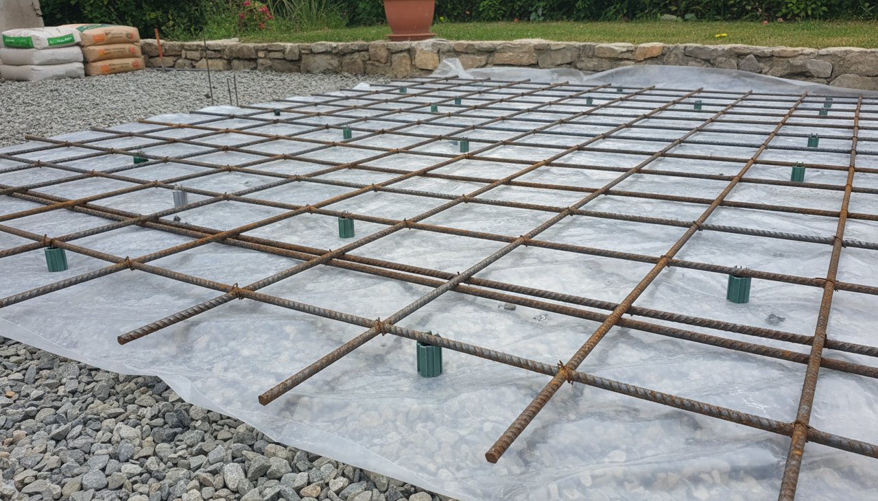 Treillis soudé posé sur film polyane et hérisson avant coulage d'une dalle de terrasse