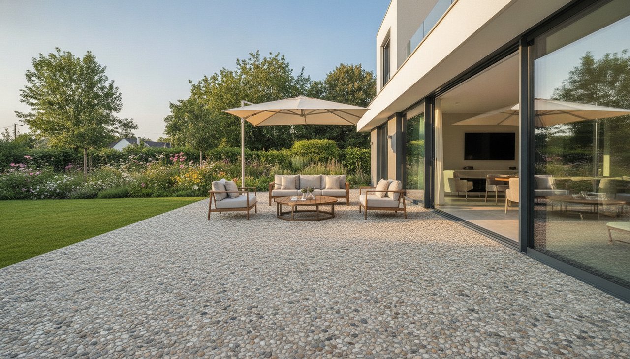 Terrasse en béton désactivé aux gravillons apparents devant une maison contemporaine