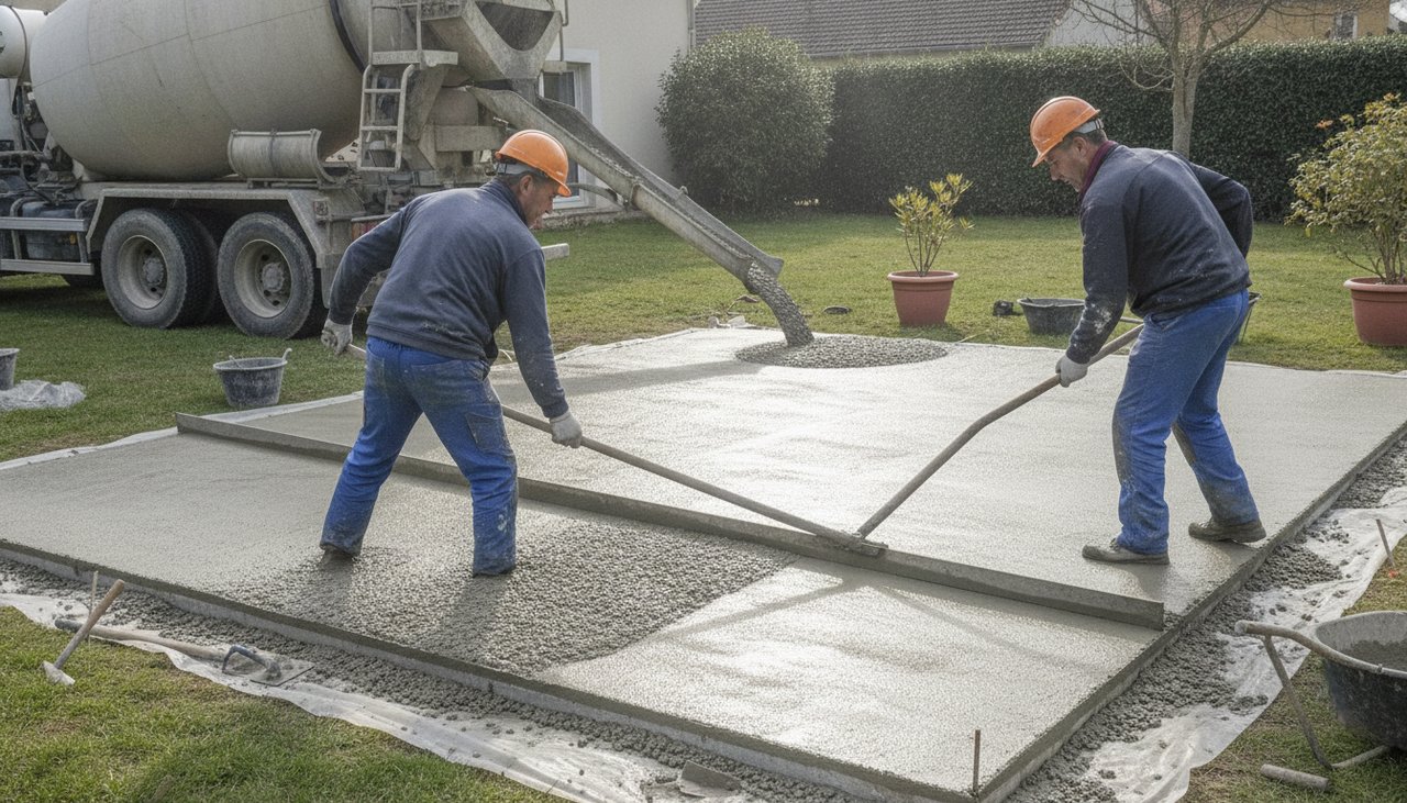 Maçons professionnels tirant à la règle le béton frais d'une dalle de terrasse