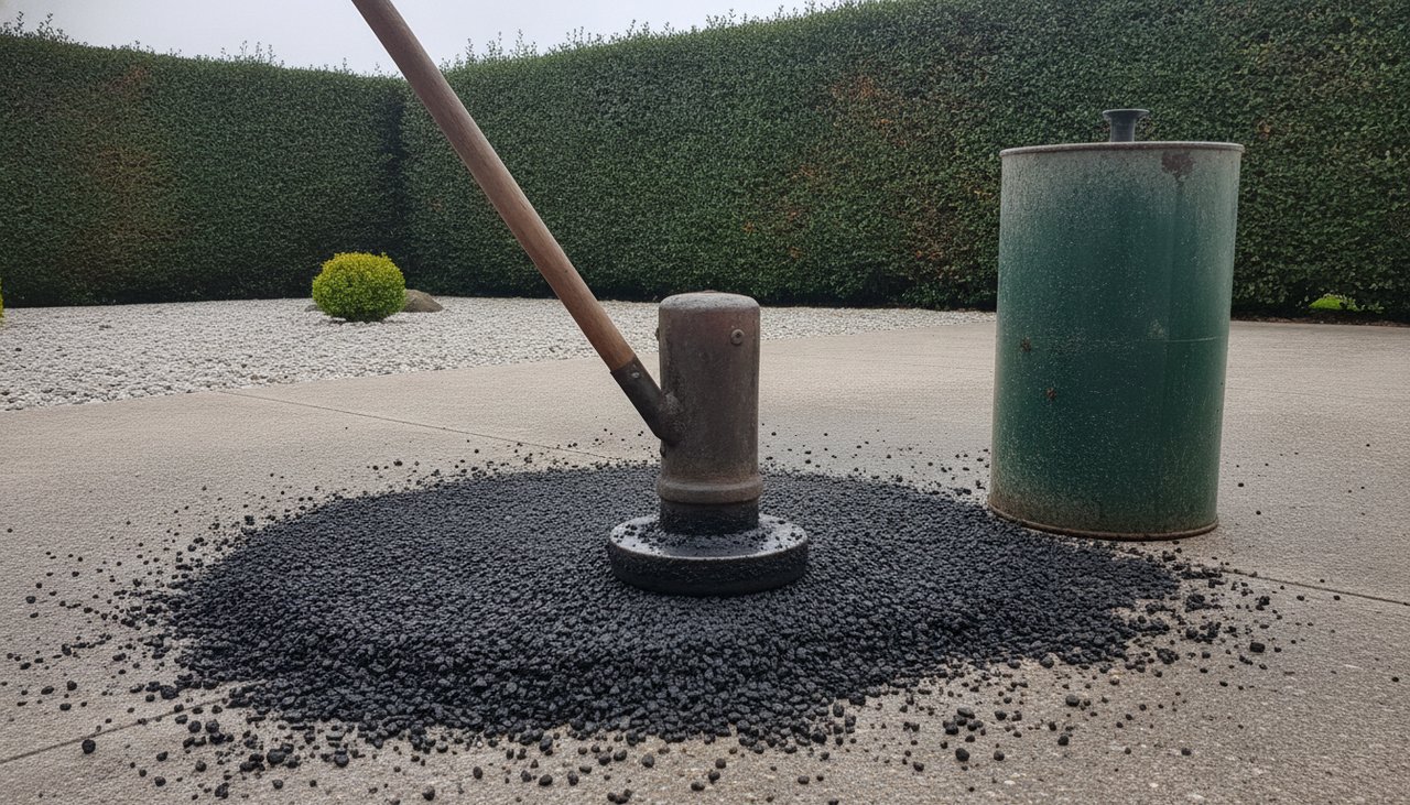 Compactage d'une réparation d'allée en enrobé à froid à la dame et au rouleau