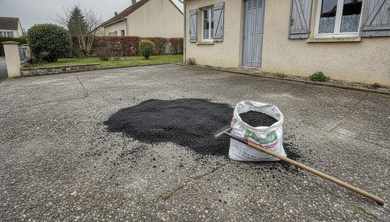 Réparation d'une allée résidentielle à l'enrobé à froid en France