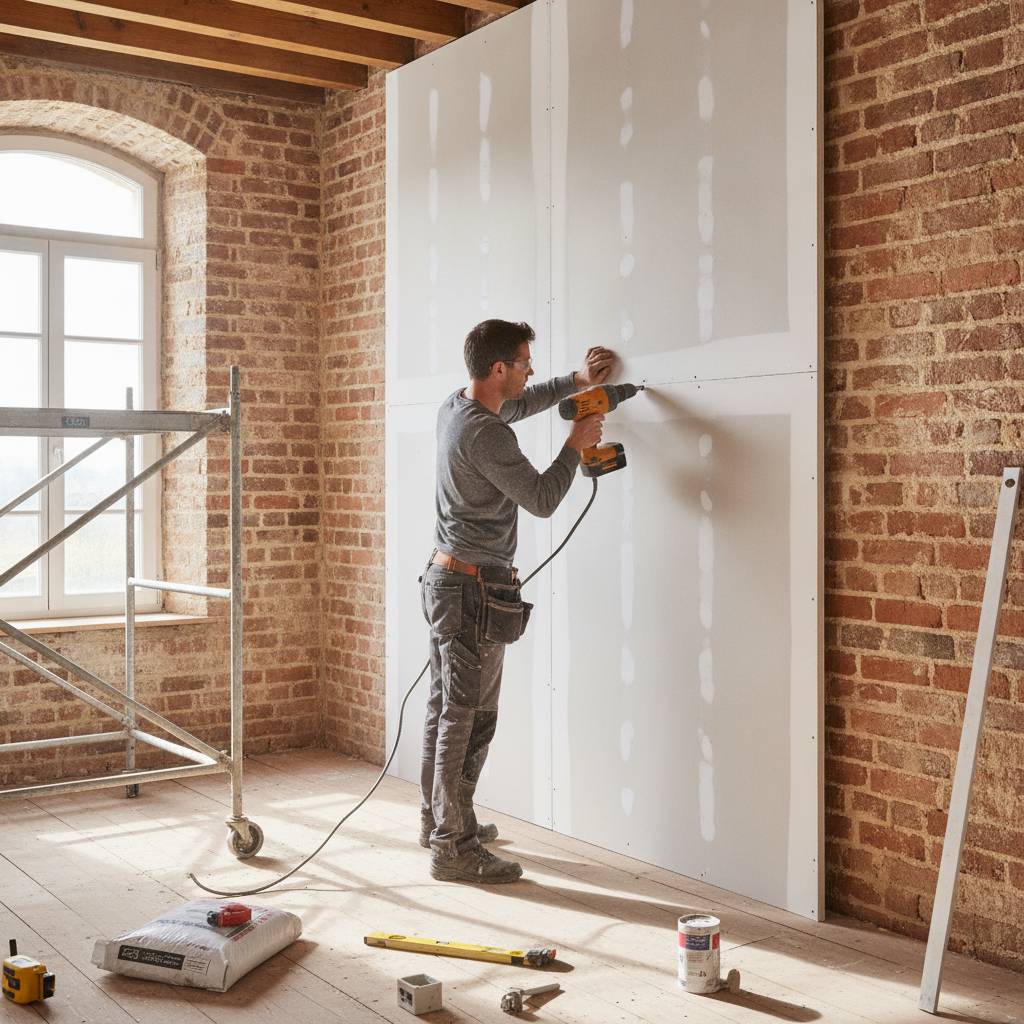 Pose d'un doublage isolant collé sur un mur intérieur en brique