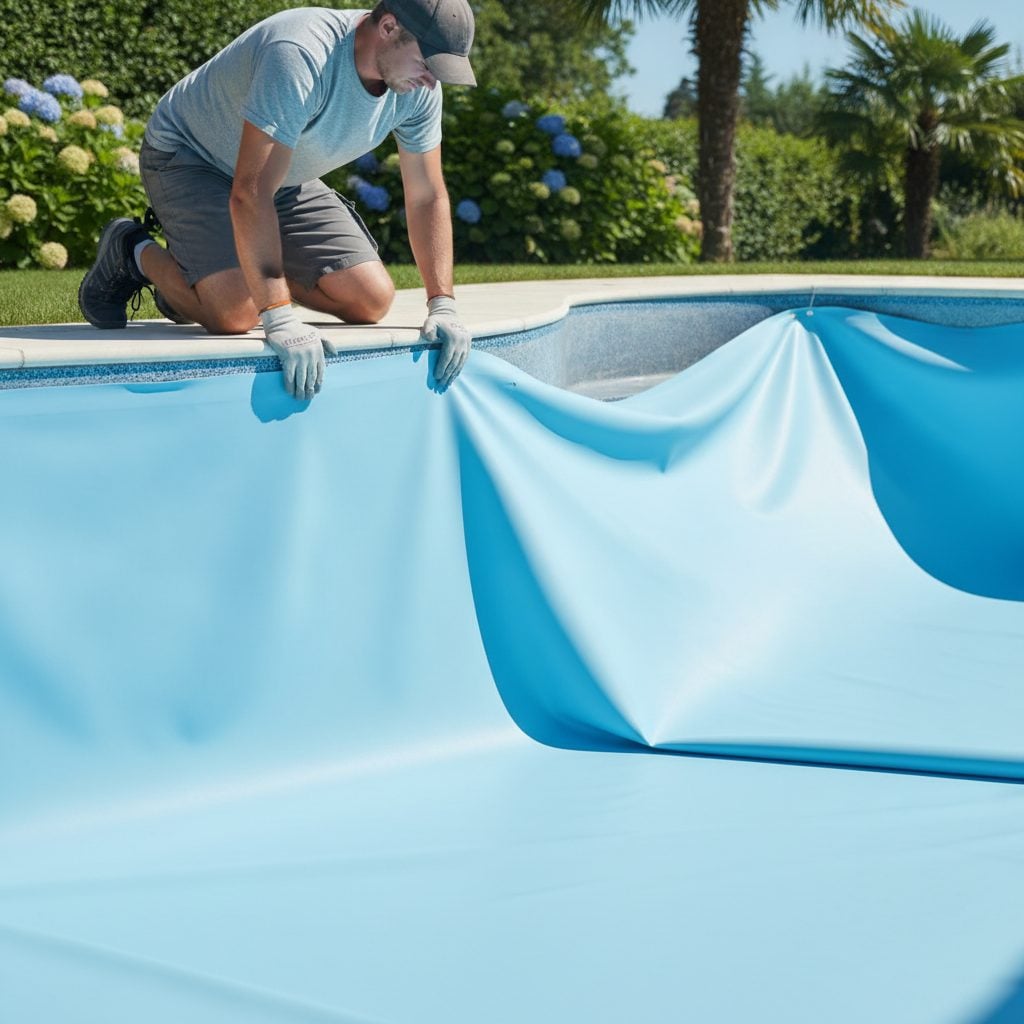 Pose d'un liner de piscine par un professionnel dans un bassin enterré