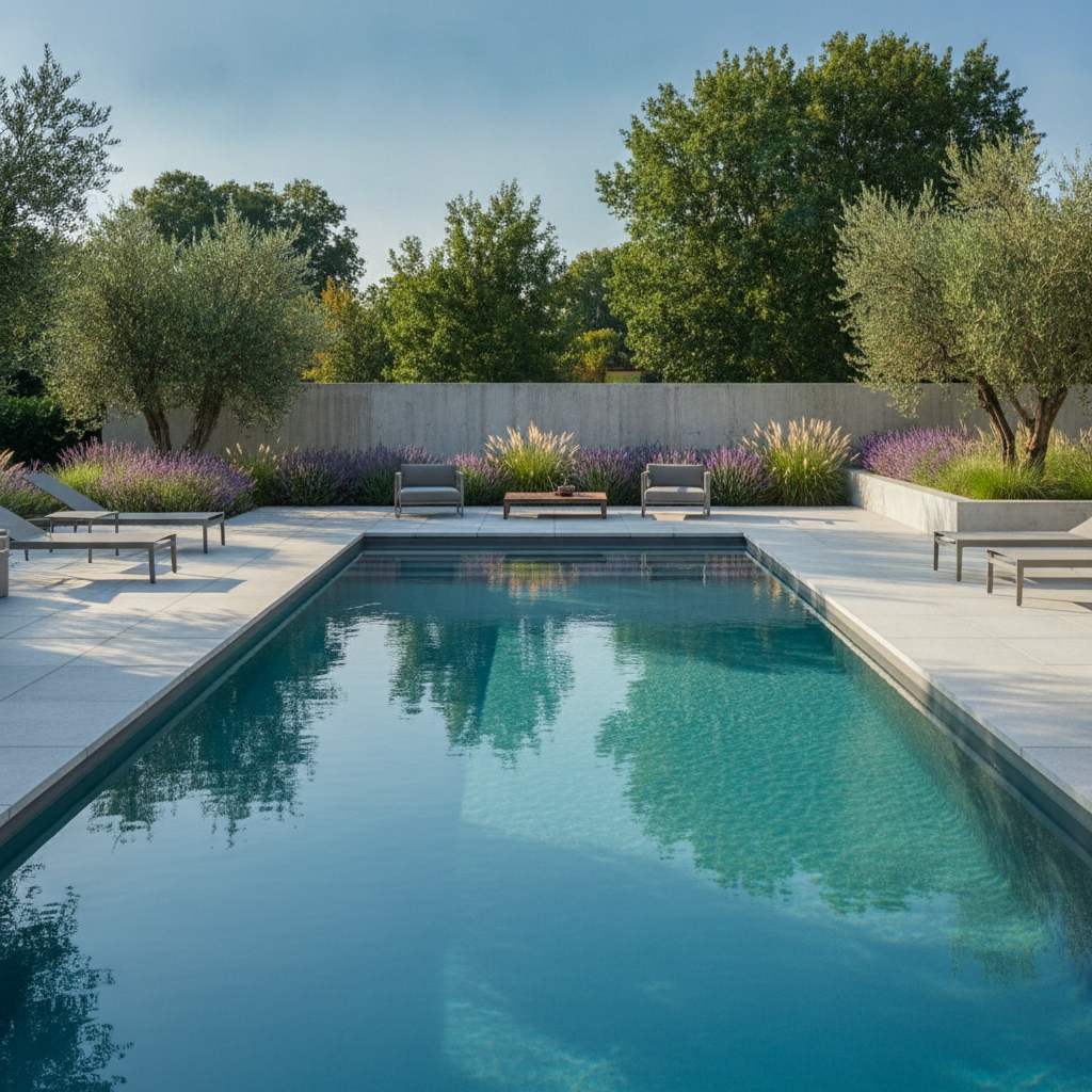Piscine enterrée rénovée avec liner gris et eau turquoise limpide