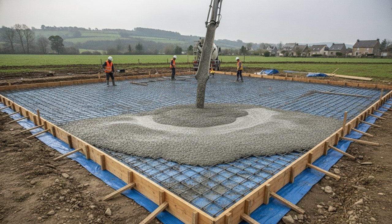 Coulage de la dalle beton d'une maison plain-pied en construction