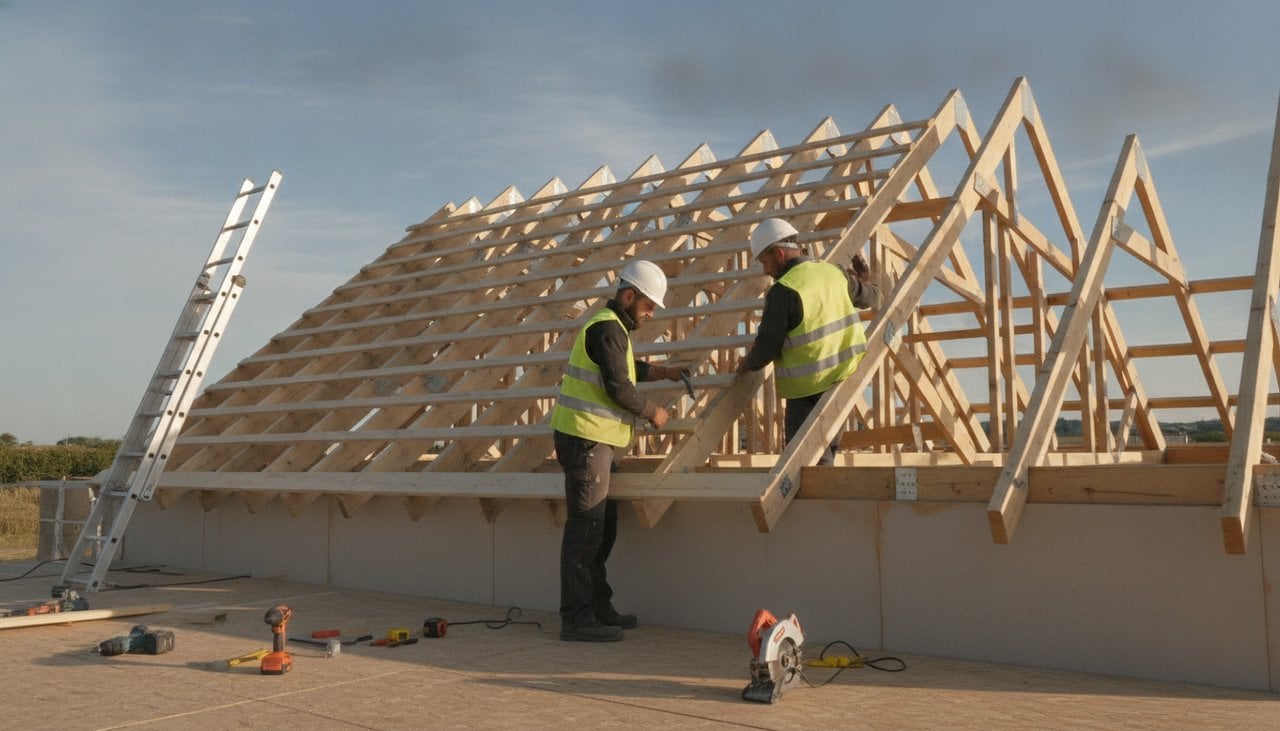Charpentiers posant les fermettes d'une maison plain-pied