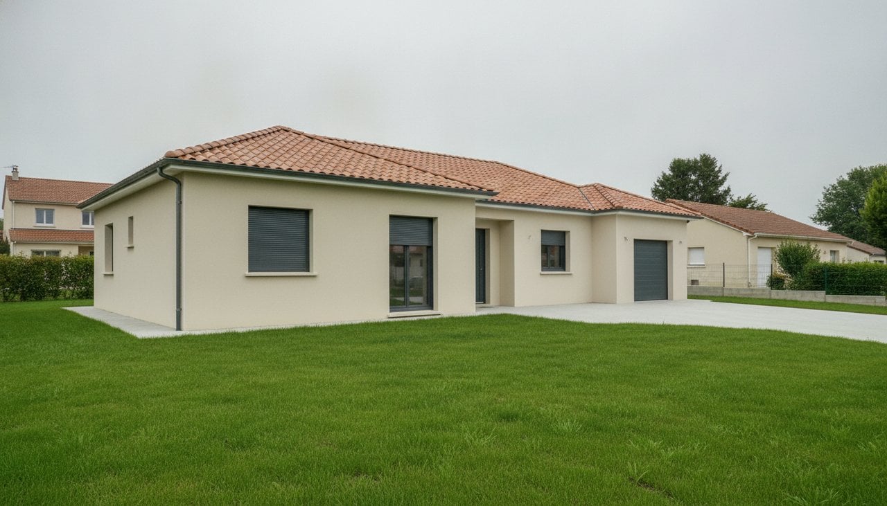 Maison plain-pied neuve livrée clé en main avec pelouse et allée bétonnée