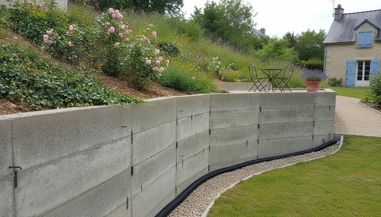 Mur de soutènement béton armé avec drainage sur terrain en pente