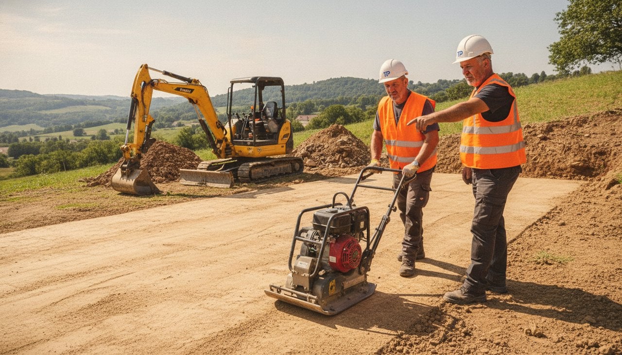Compactage de la plateforme d'un terrain en pente par des professionnels