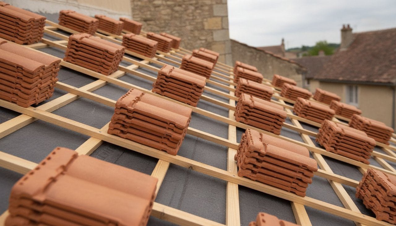 Tuiles mécaniques en terre cuite empilées sur liteaux lors de la réfection d'une toiture