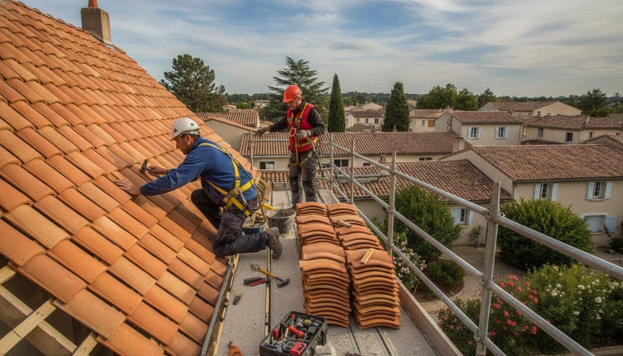 Deux couvreurs professionnels posant des tuiles en terre cuite sur une toiture en pente