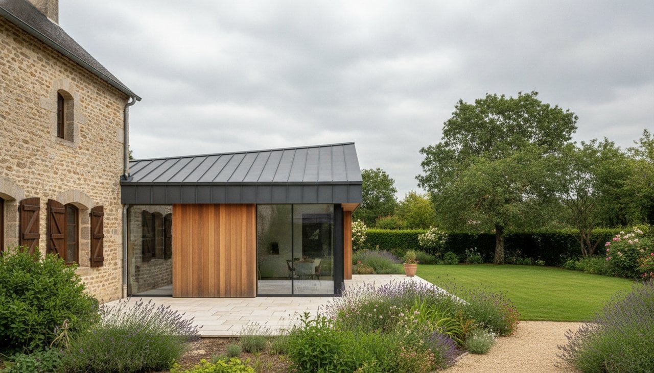 Extension avec toiture monopente en zinc anthracite