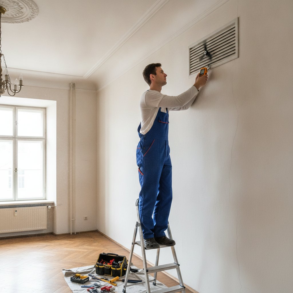 Technicien réglant le débit d'une VMC double flux avec un anémomètre