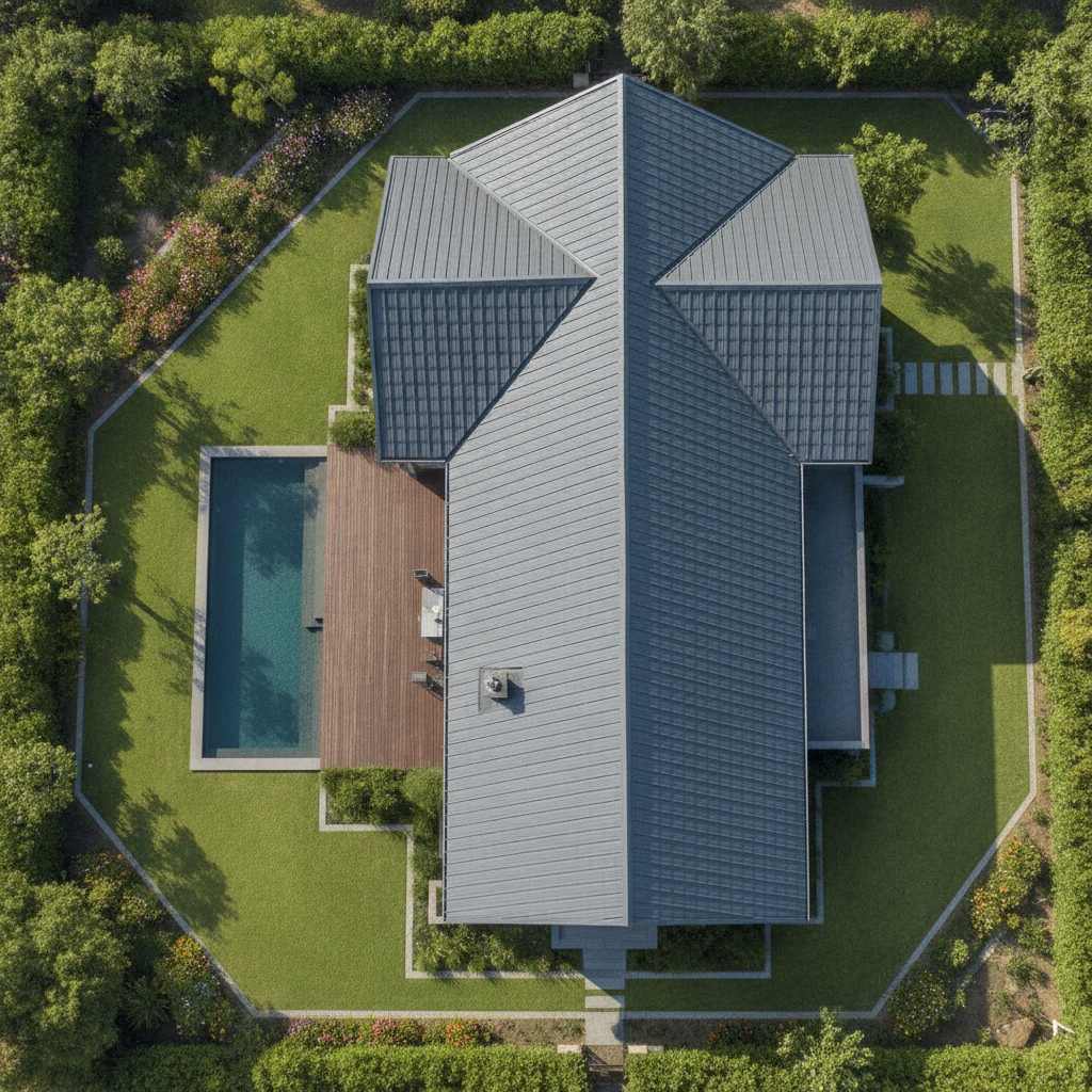 Toiture en bac acier isole imitation tuile vue aerienne maison
