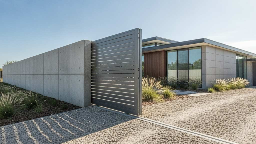 Portail aluminium coulissant gris anthracite devant une maison contemporaine